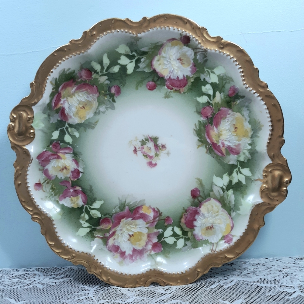 10" Limoges Coronet Heavily Gilt Colorful Ornate Floral Roses Hand Painted Plate